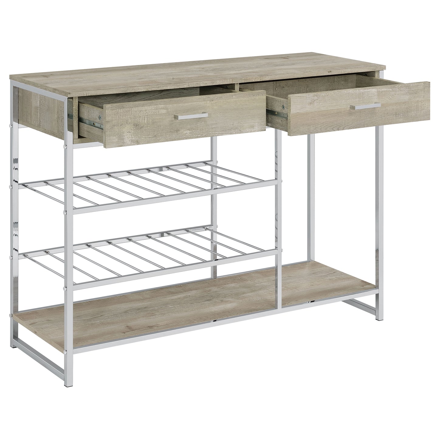 Melrose 2-shelf Wine Cabinet with 2 Drawers Gray Washed Oak and Chrome