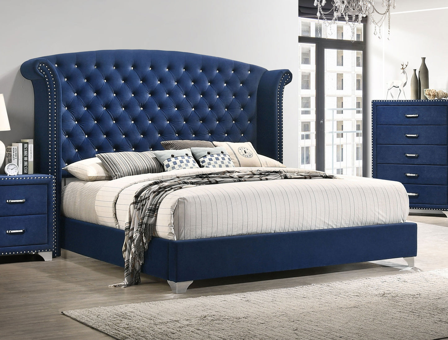 Melody Upholstered Eastern King Wingback Bed Pacific Blue