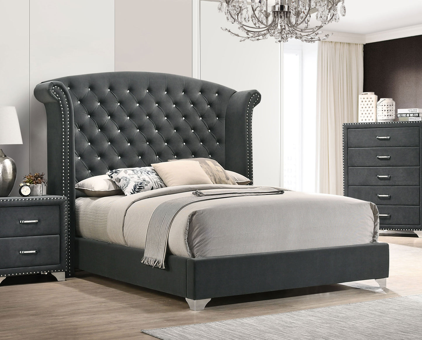 Melody Upholstered Eastern King Wingback Bed Grey