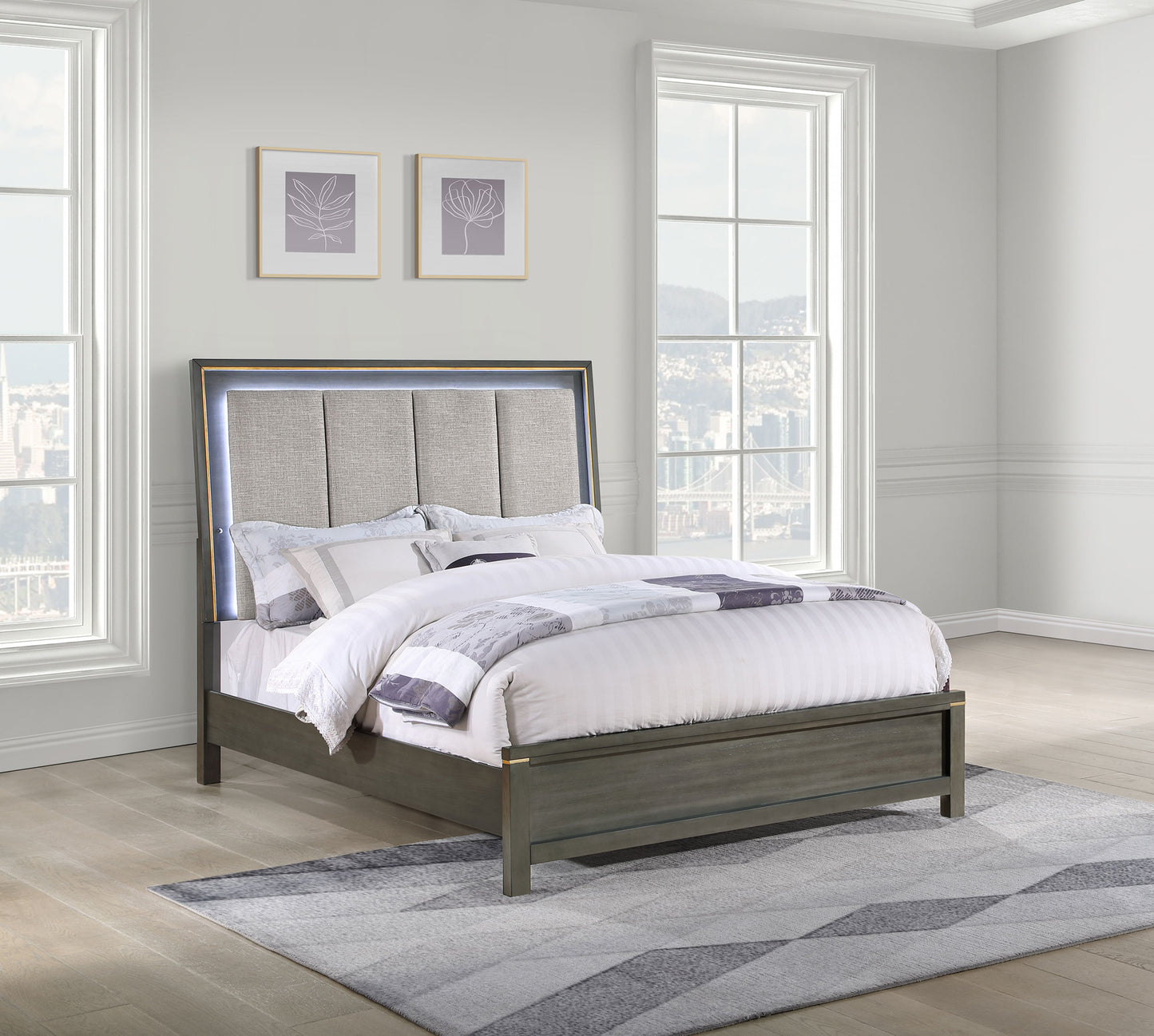 Kieran Wood Queen LED Panel Bed Grey