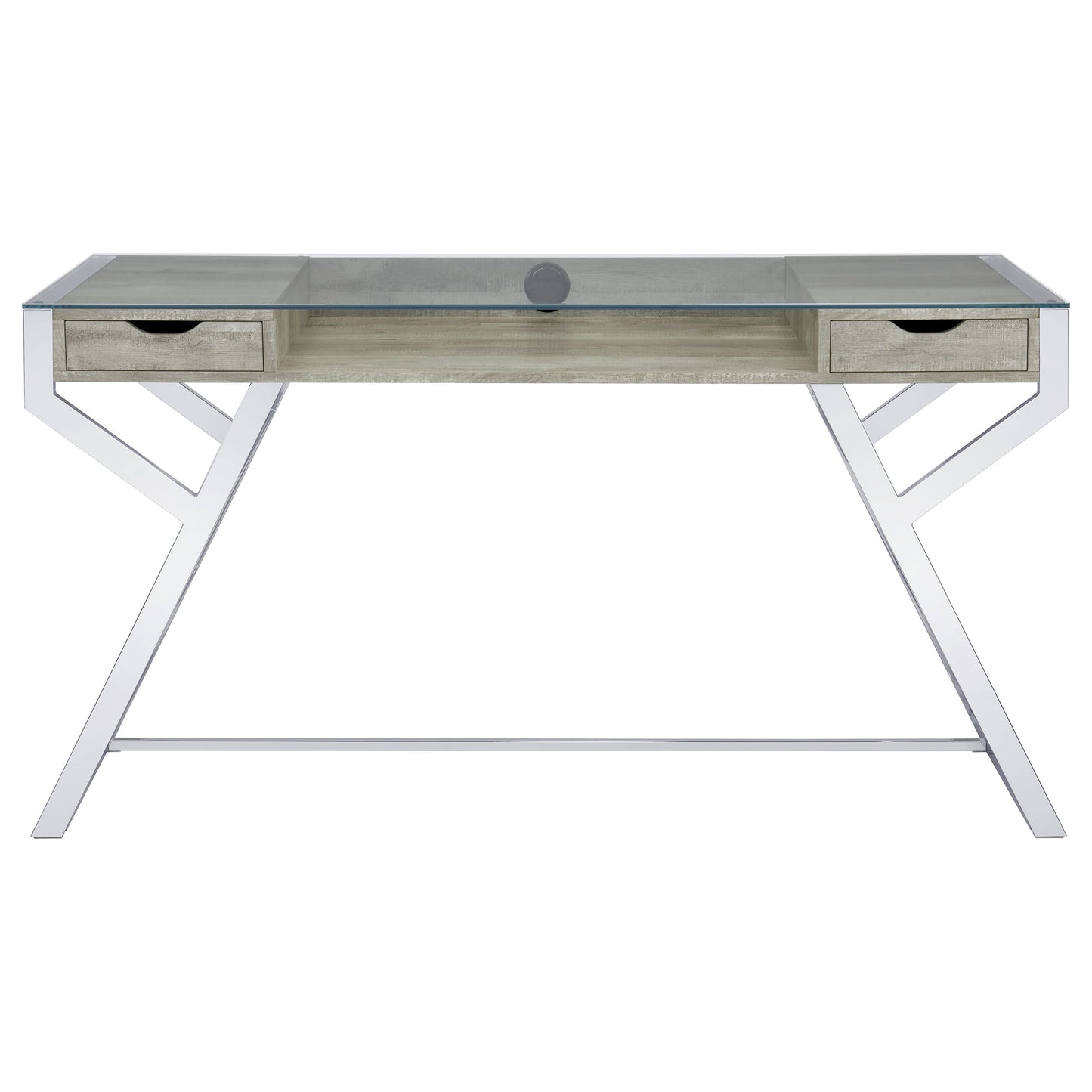Emelle 2-drawer Glass Top Writing Desk Grey Driftwood and Chrome